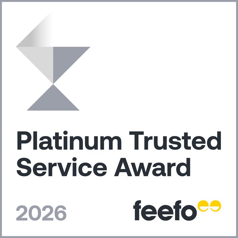 Platinum Trusted Service Award 2026 logo with Feefo branding and a geometric silver trophy icon
